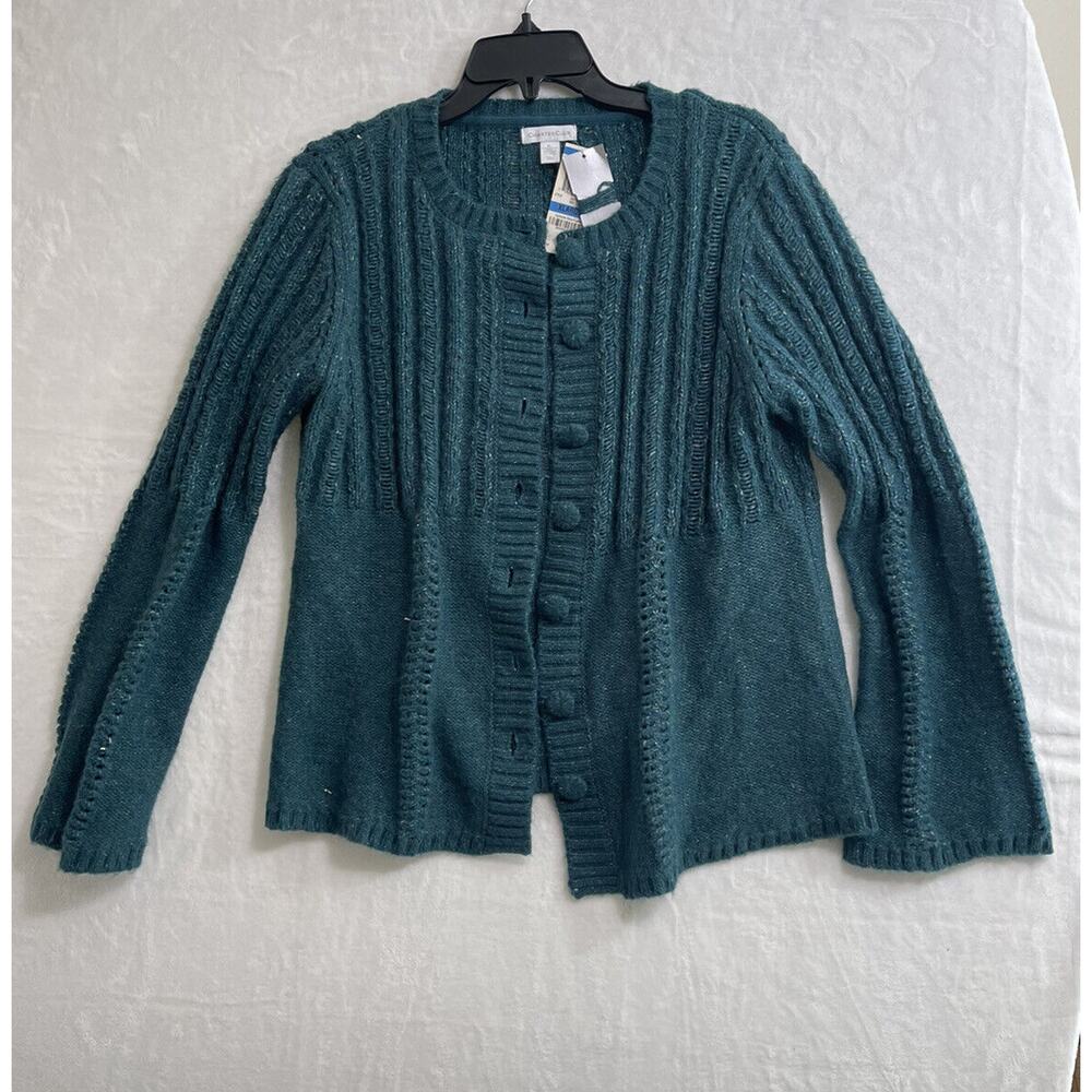 Charter club Wool Blend Sz XL Cable Knit Cardigan Sweater Green Vintage $69 NEW